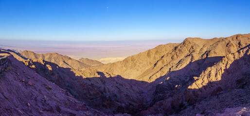 Panorama of desert mountain landscape, and the Arabah, near Petra