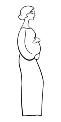 Hand drawn standing pregnant woman, linear profile portrait with hands on belly. Harmony to be a mother. 