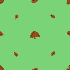 A seamless vector pattern of brown coffee beans isolated on green background. Designed for prints, templates, backgrounds, wraps