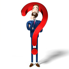 Handsome cartoon businessman and question mark sign - 3D illustration