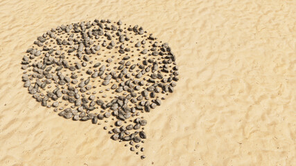 Concept conceptual stones on beach sand handmade symbol shape, golden sandy background, cloud sign. 3d illustration metaphor for communication, online talking, chatting, internet discussion
