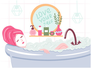 Young woman in mask sheet relaxes in the bathroom. Love yourself - lettering on the mirror and a shelf with skin care cosmetics. Vector hand drawn beauty illustration