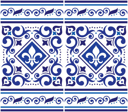 Azulejo tiles seamless vector pattern with frame or border- Lisbon decorative style, fleur de lis design inspired by art from Portugal 