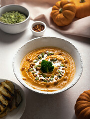 Roasted Pumpkin soup with coconut cream.