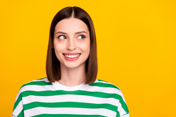Photo of optimistic brunette young lady look promo wear green t-shirt isolated on yellow color background