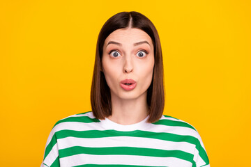 Photo of hooray brunette millennial lady wear green t-shirt isolated on yellow color background