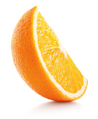 Standing ripe slice of orange citrus fruit isolated on white background.