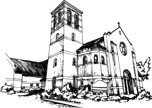 Anglican church exterior hand drawn black and white sketchy perspective illustration. main entrance, bell tower, rose window. for print, logo, postcard, poster design