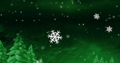 Fototapeta na wymiar Image of christmas snowflakes falling on green winter landscape background