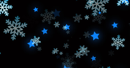 Image of christmas snowflakes and stars falling on black background