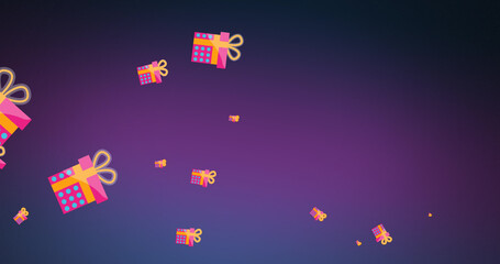 Image of presents falling on blue background at christmas