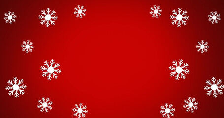 Image of christmas snowflakes falling on red background