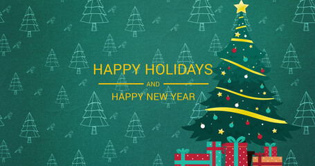 Image of happy holidays text over presents and christmas tree