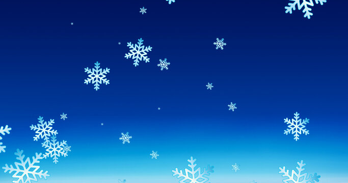 Image of christmas snowflakes falling on blue background