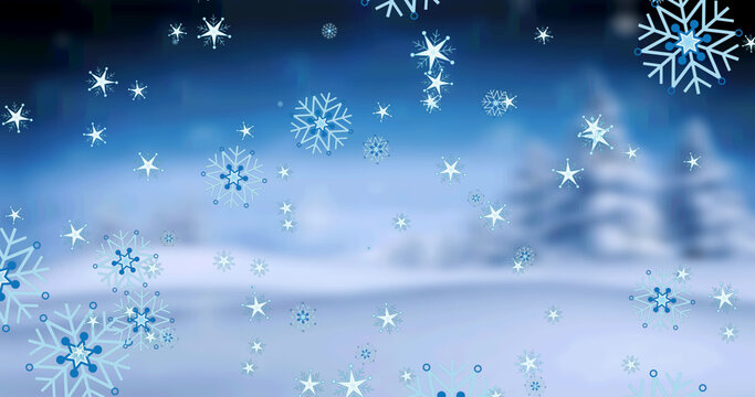 Image of christmas snowflakes falling in winter landscape
