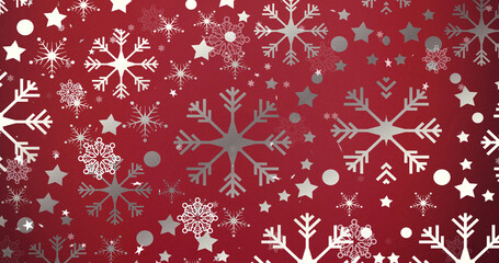 Image of christmas snowflakes falling over red background