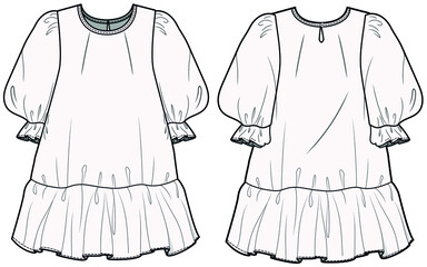 Baby Girl's Poet Sleeve Frock Dress with Frill hem Front and Back View. fashion illustration vector, CAD, technical drawing, flat drawing.	