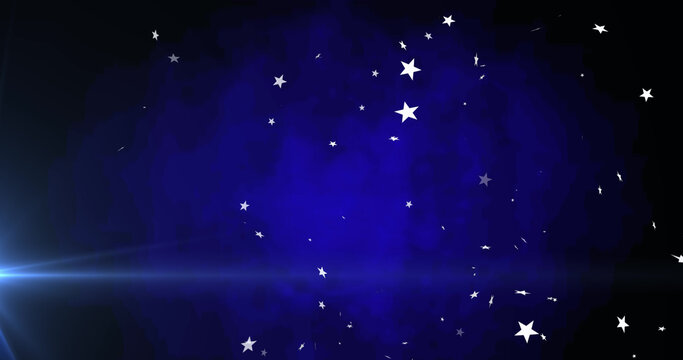 Image of christmas stars falling over dark blue background