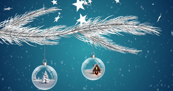 Image of stars falling over branch with christmas baubles on blue background