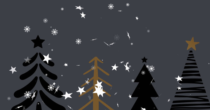 Image of christmas stars falling over forest on grey background