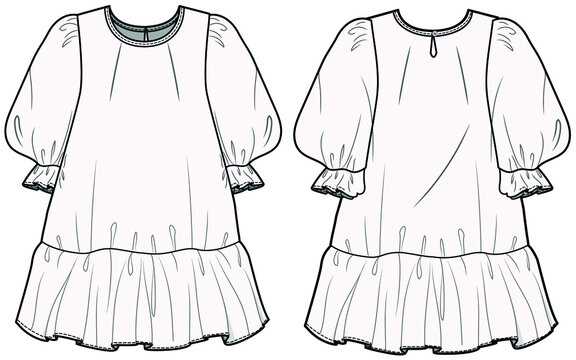 Baby Girl's Poet Sleeve Frock Dress with Frill hem Front and Back View. fashion illustration vector, CAD, technical drawing, flat drawing.	