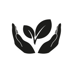 Ecology icon. Hands protect the leaves. Simple vector illustration on a white background