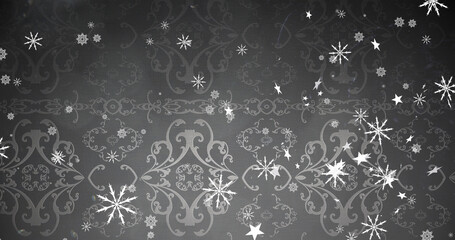 Obraz premium Image of christmas snowflakes and stars falling grey decorative background