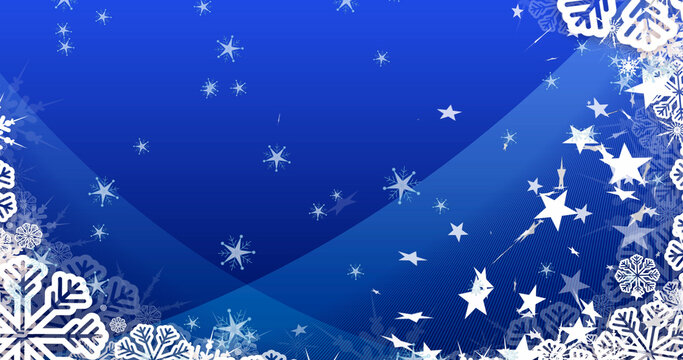 Image of christmas snowflakes and stars falling over blue background