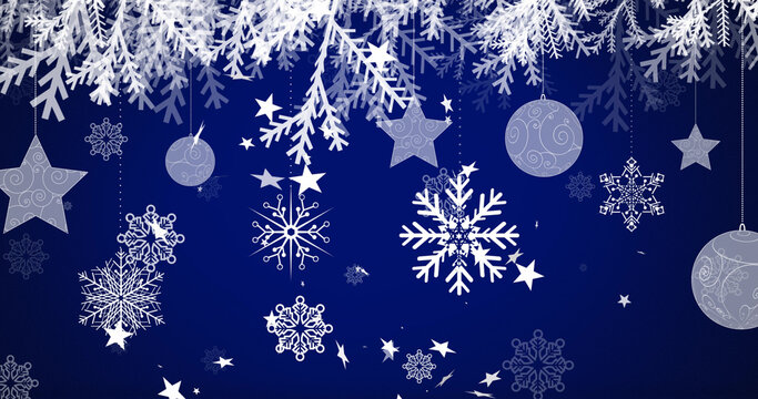 Image of christmas snowflakes and stars falling over dark blue background