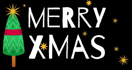 Image of merry xmas text with christmas tree on black background