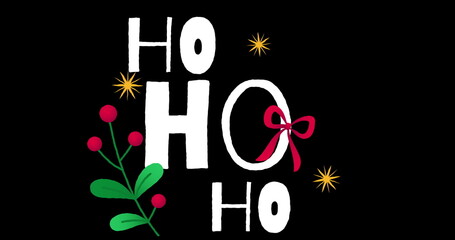 Image of ho ho ho text with christmas decorations on black background - obrazy, fototapety, plakaty