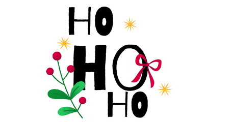 Image of ho ho ho text with christmas decorations on white background