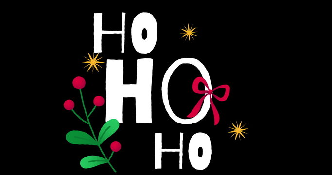Image of ho ho ho text with christmas decorations on black background