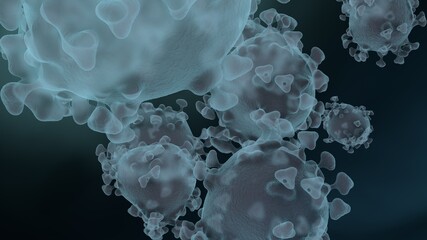 Microscopic view of infectious SARS-CoV-2 omicron virus cells. 3D rendering - obrazy, fototapety, plakaty