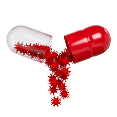 Creative image of the covid-19 medicine on a white background. Coronavirus-shaped granules spill out of the open pill. Production of drugs.  3d rendering. 