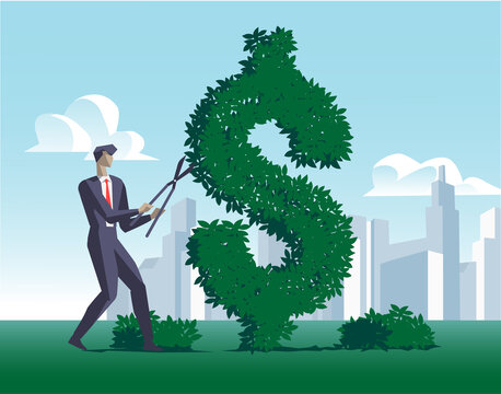 Uomo d'affari che investono nell'economia verde tagliando la siepe a forma di dollaro