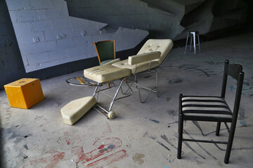 Clinical psycho therapy bed in creepy abandoned place, Berlin, Germany