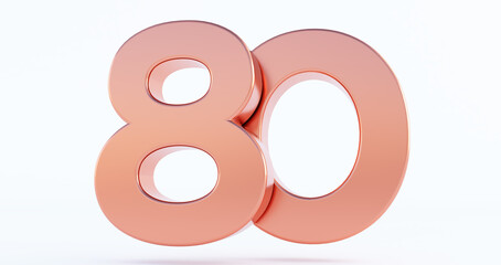 bronze number 80 isolated on white background, 3D rendered glossy metallic digit, number eighty