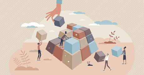 Collaborative learning and teamwork business strategy tiny person concept. Growth and development together with unity and support vector illustration. Cooperation for common target and goal success.