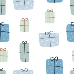 Seamless pattern with cartoon presents. Colorful vector flat for kids. hand drawing. baby design for fabric, print, wrapper, textile