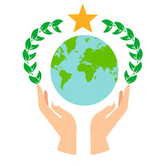 hand holding planet icon, nature protection, vector illustration