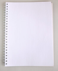 vertical blank copybook with metallic white spiral on gray background. Blank notepad mockup