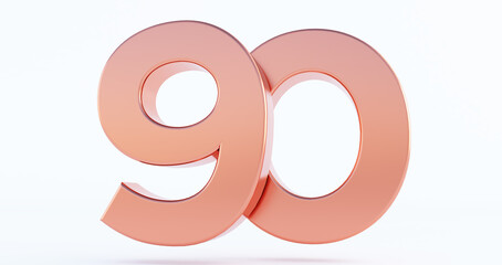 bronze number 90 isolated on white background, 3D rendered glossy metallic digit, number ninety