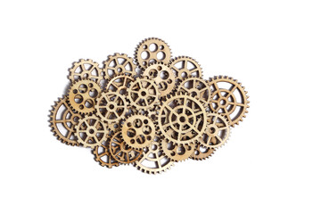 Lot wooden gears on white background, technical progress and movement.