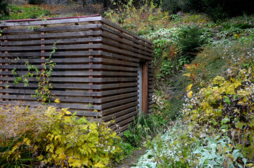 garden house lined with horizontal planks. on top of a green roof and climbing plants and ferns. light blue benches and wooden trash can in park, garden with sauna, garden shed hidden