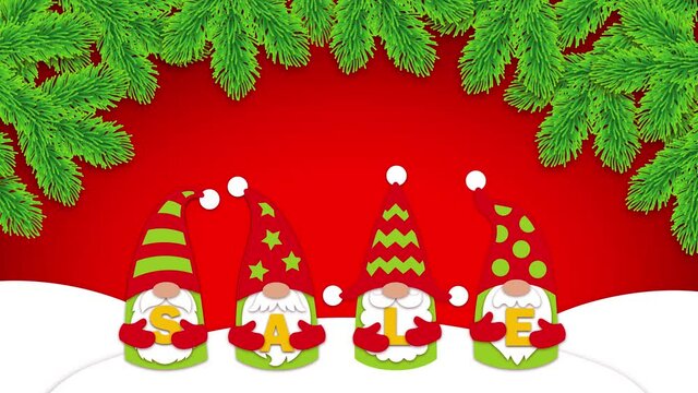 Merry Christmas and Happy New Year. Animated banner with gnomes and text sale on a red background. 4K animation