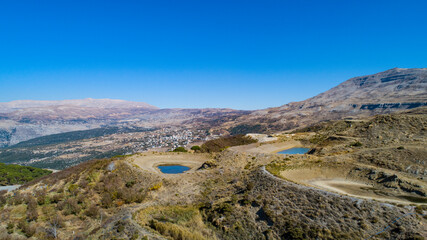 Aerial view of desert mountains. Lakeside