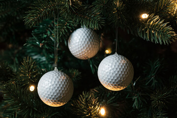 Golf balls as a xmas ornament in fir tree