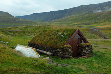 Stone house at Sudureyri, Iceland, Europe
