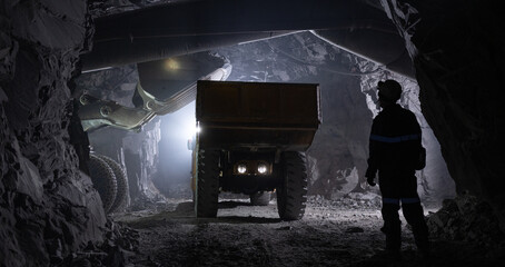 underground gold mining loader truck industry metal - obrazy, fototapety, plakaty